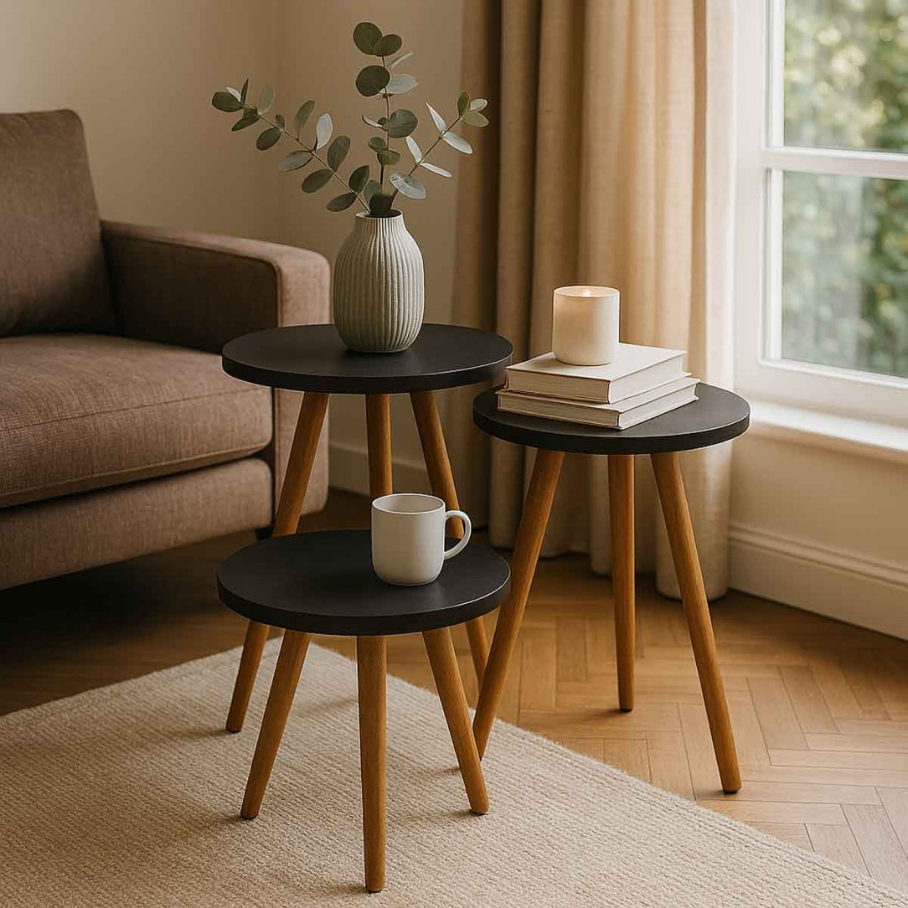 Kit Trio Jogo de Mesinhas Lateral Redondas Sala Pé Palito Retro Decoração Porta Objetos