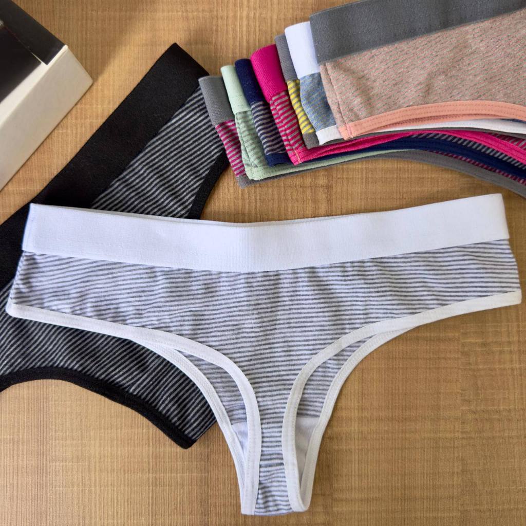 Kit 5 - Tanga Fio Algodão Cotton Listrada Feminina