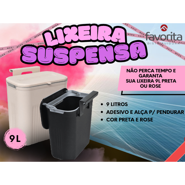 Lixeira Suspensa Balde de Lixo de Plást. 9 Litros com Adesivo e Alça para Pendurar Rose e Preto Arqplast Toy 25956/25955