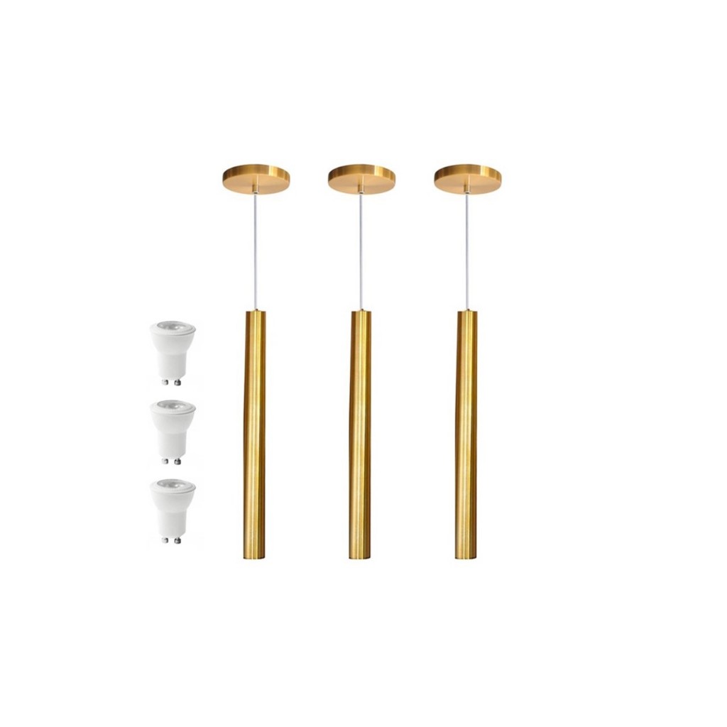 3x Pendentes Lustre Tubo 50cm Dourado escovado + LED 3,5w branco quente + Fio cristal