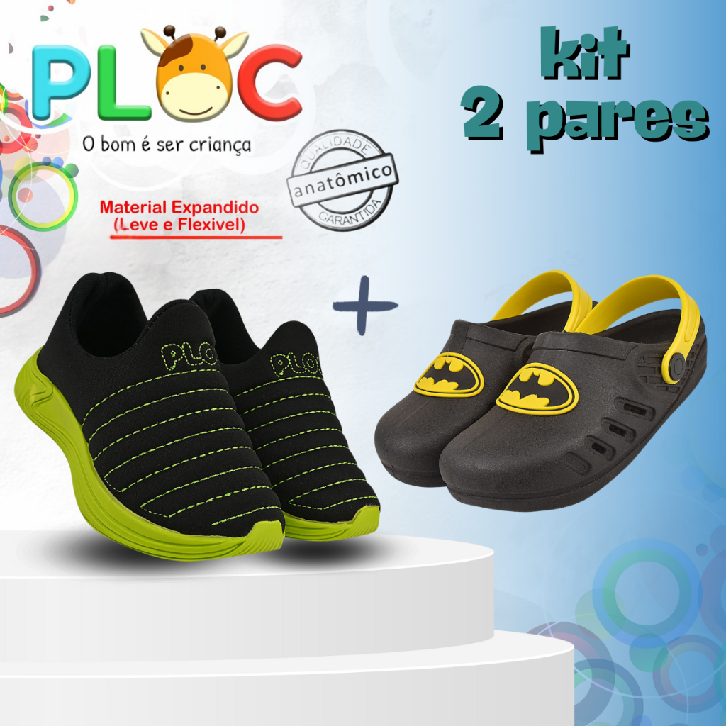 KIT 2 PARES PLOC - 1 TÊNIS COLORS MENINO + 1 SANDÁLIA  (Bab40 BATMAN BRASÃO - PRETO )