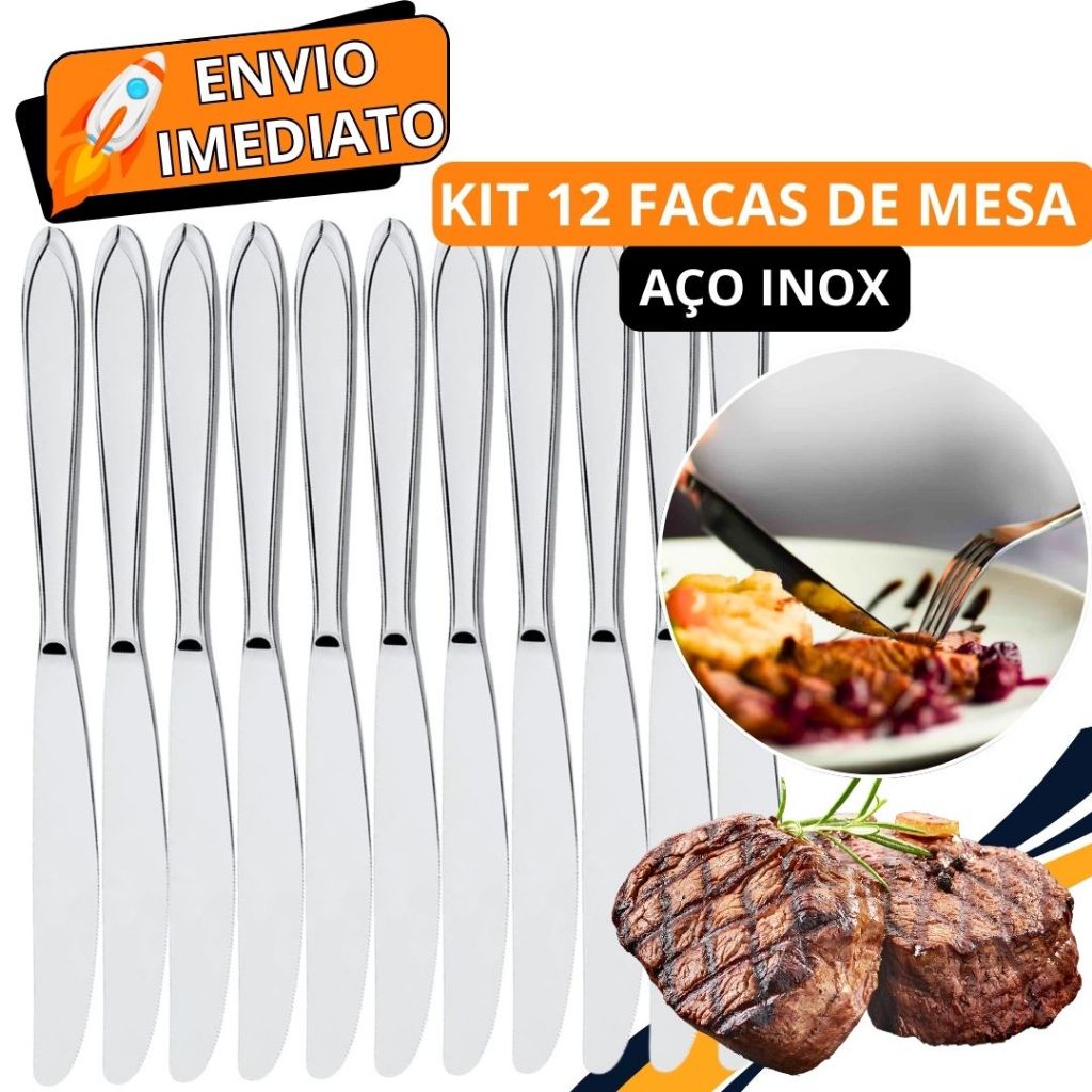 Jogo de Talher 12 Peças Faca de Mesa Aço Inox PREMIUM Polido GRANDE para Casa Cozinha Restaurante Bar Buffet Resistente