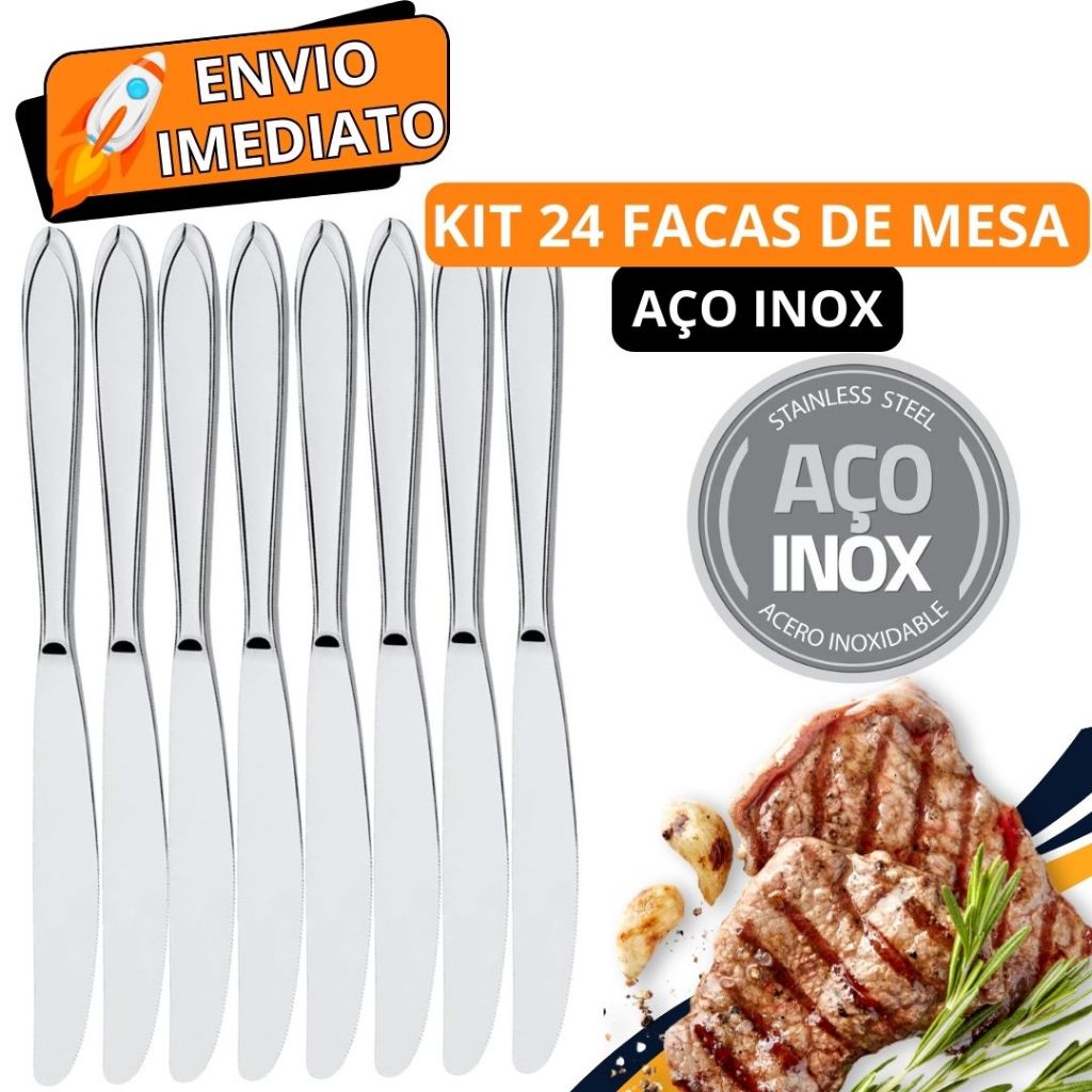 Jogo de Talher 24 Peças Faca de Mesa Aço Inox PREMIUM Polido GRANDE para Casa Cozinha Restaurante Bar Buffet Resistente