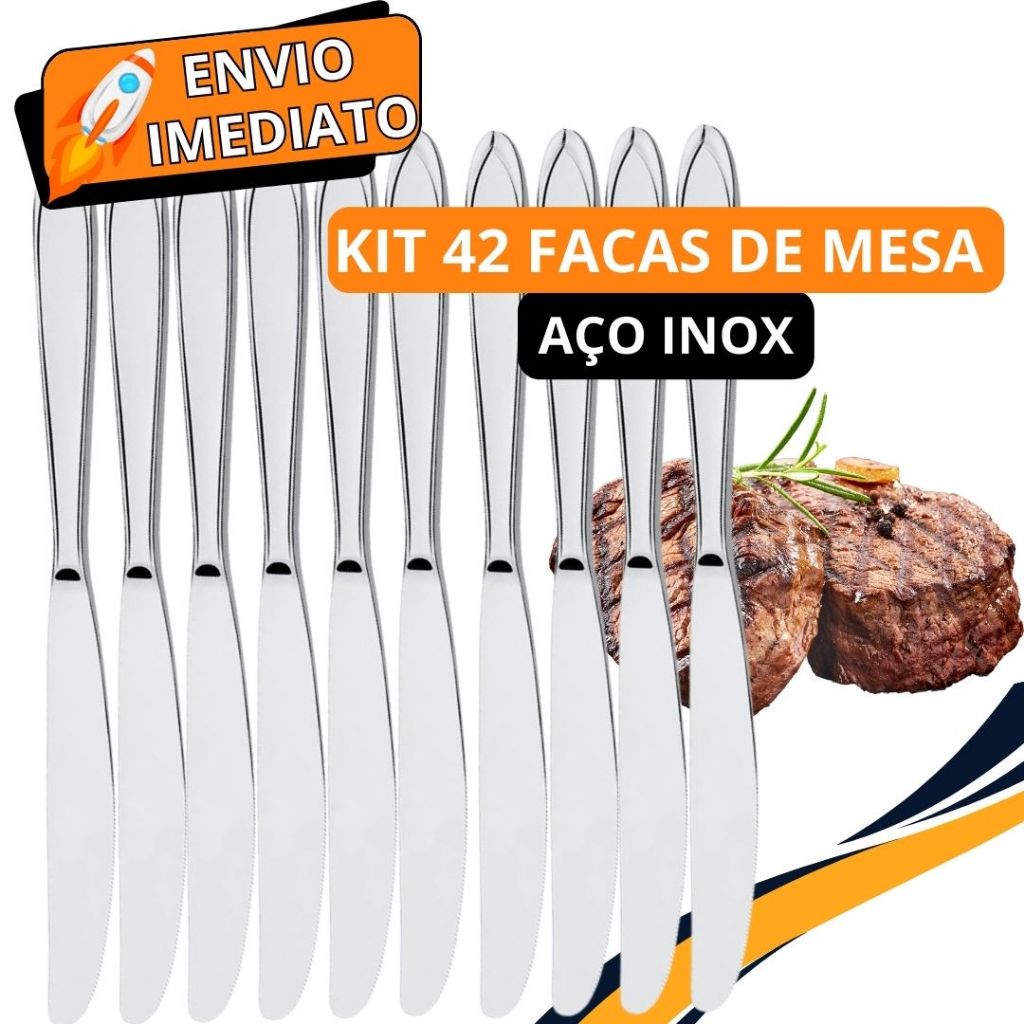 Jogo de Talher 42 Peças Faca de Mesa Aço Inox PREMIUM Polido GRANDE para Casa Cozinha Restaurante Bar Buffet Resistente