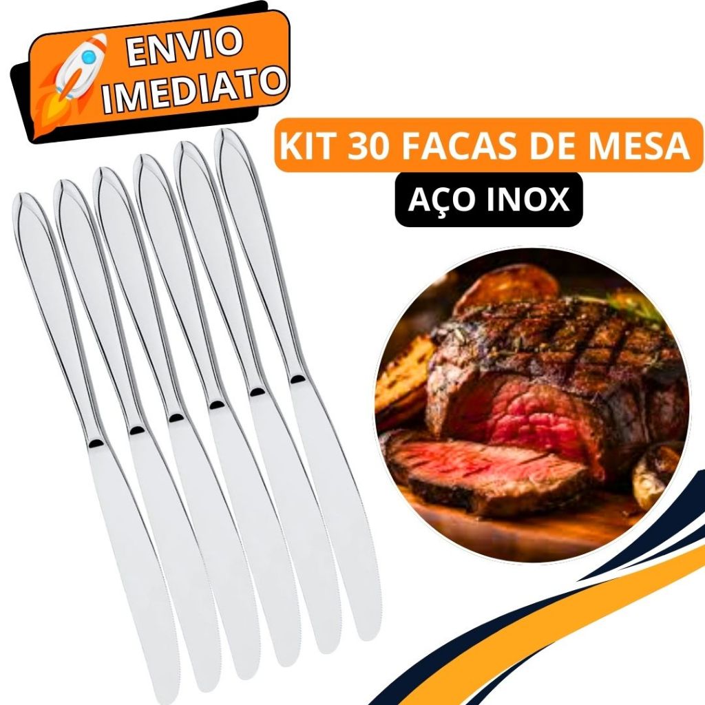 Jogo de Talher 30 Peças Faca de Mesa Aço Inox PREMIUM Polido GRANDE para Casa Cozinha Restaurante Bar Buffet Resistente