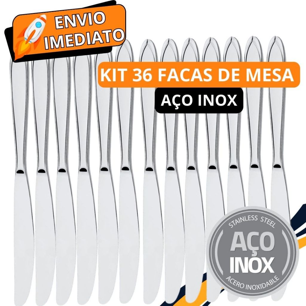 Jogo de Talher 36 Peças Faca de Mesa Aço Inox PREMIUM Polido GRANDE para Casa Cozinha Restaurante Bar Buffet Resistente
