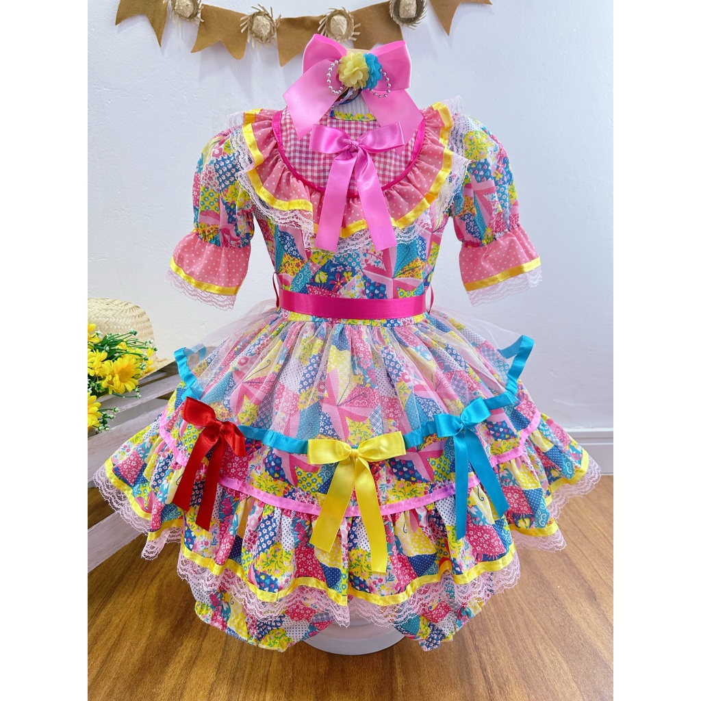 Vestido Infantil Festa Junina Rosa Retalhos Arraiá Quadrilha Caipira Sinhá São João Bebê J...