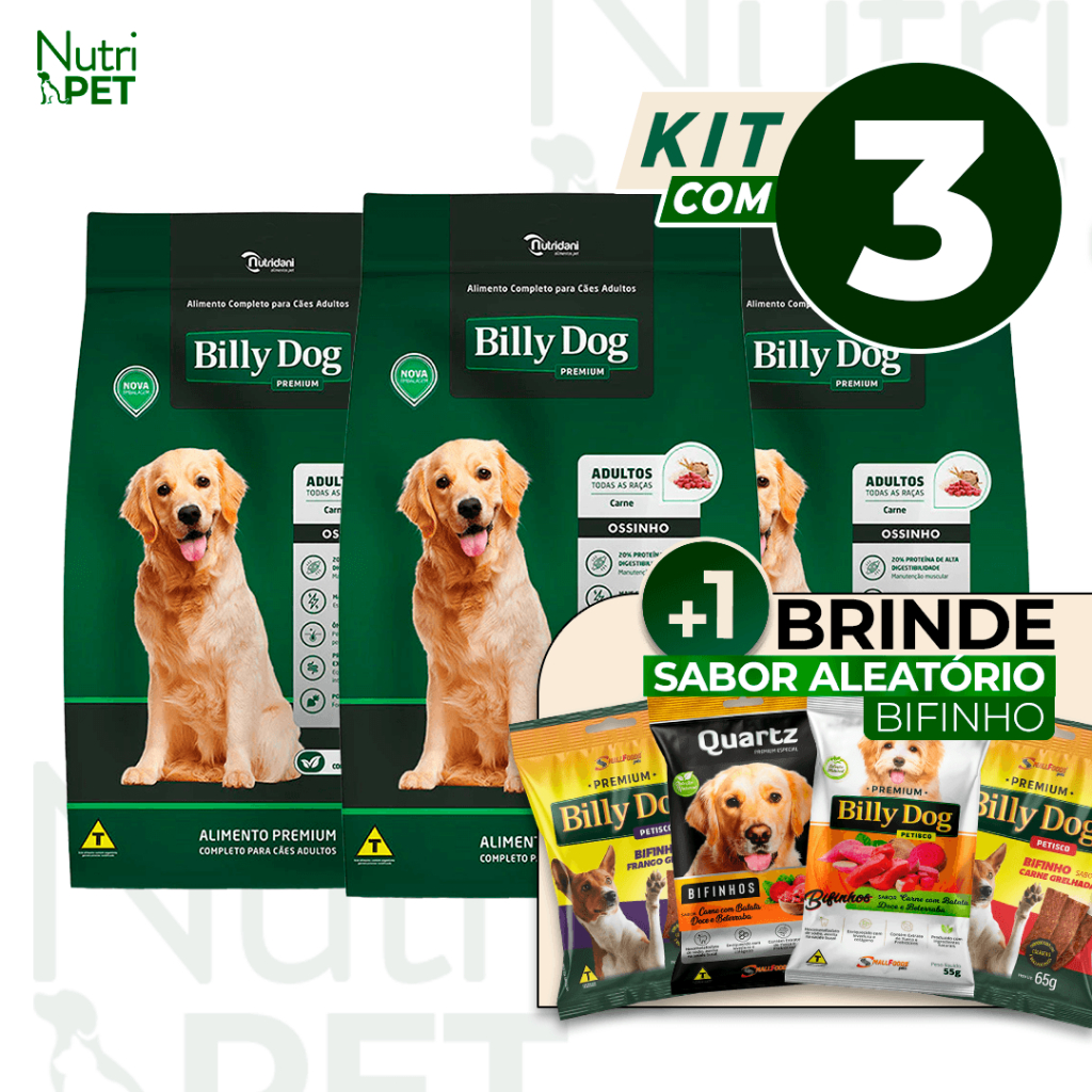 KIT com 3 Ração Billy Dog Adultos Ossinhos Carne
