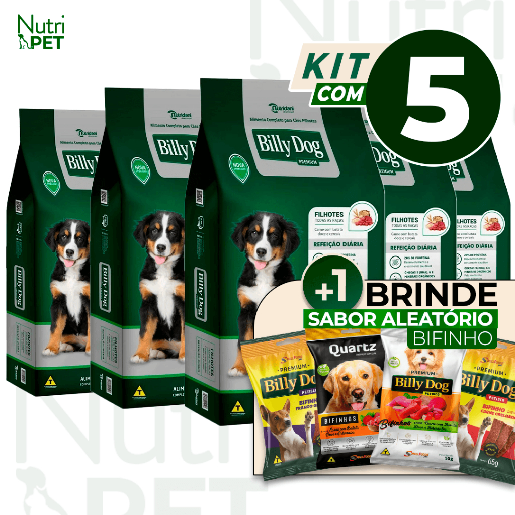 KIT 5 Ração Billy Dog Filhote Refeição Diária Carne Cereais Batata Doce 1kg