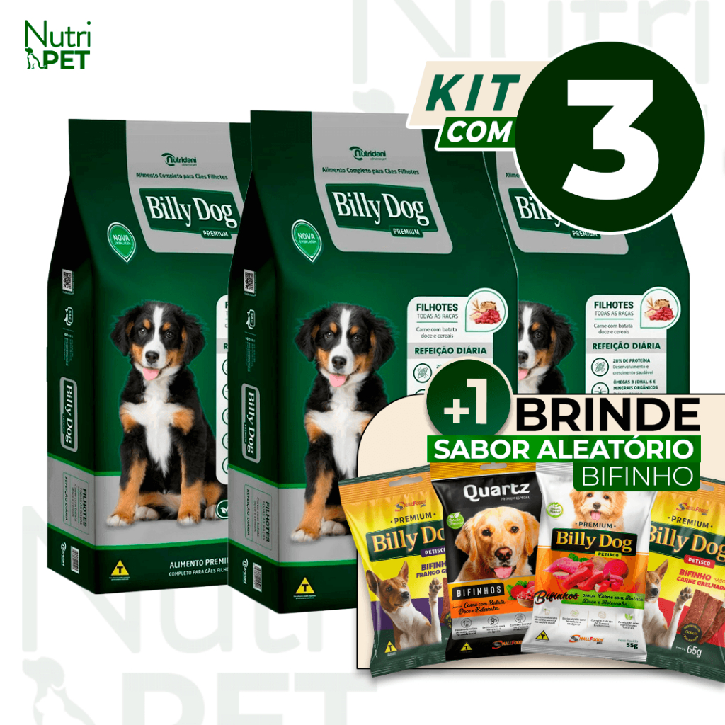 Kit Com 3kgs Ração Billy Dog Filhote Refeição Diária Carne Cereais Batata Doce