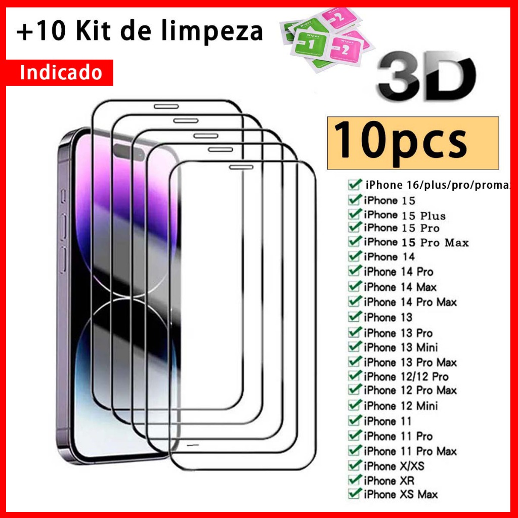 Kit 10pcs Película De Vidro Temperado 9H Para iPhone X Xs Xr 11 Pro Max 12 13 14 15 16Pro Max
