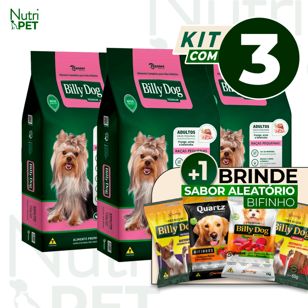 KIT 3 Ração Billy Dog Raças Pequenas Frango e Arroz 1kg