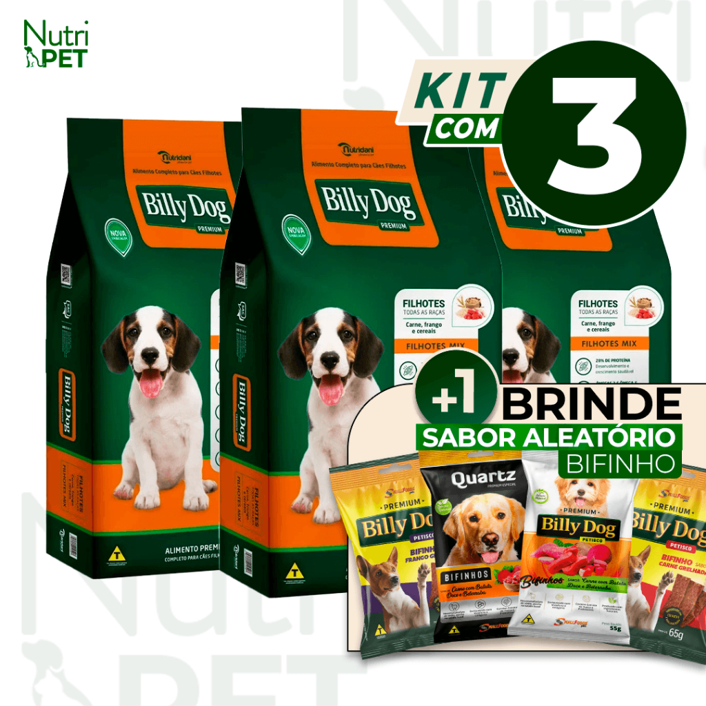 KIT com 3Kgs Ração Billy Dog Filhotes Mix Carne Frango e Cereais