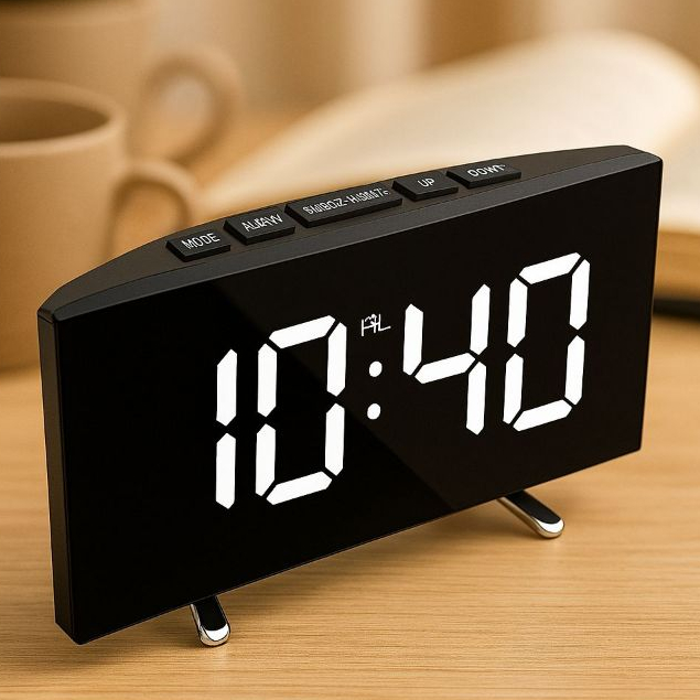 Relógio De Mesa Digital Led Despertador Alarme Temperatura Data Com Espelho Curvado