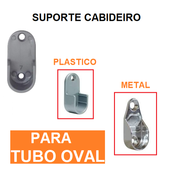 kit Suporte tubo cabideiro oval/redondo plástico ou metal