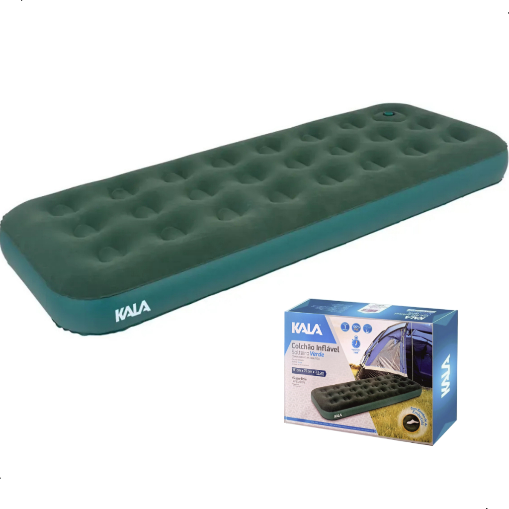 Colchão Inflável Solteiro Kala Verde Com Bomba Embutida Rápida Prático Confortável Resistente E Leve P/ Camping Ou Casa