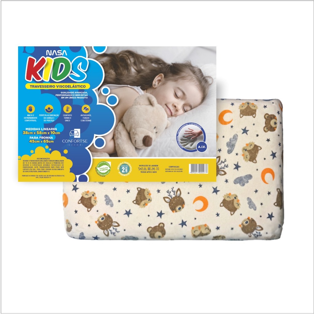 Travesseiro NASA Confortse Infantil KIDS Macio AntiÁcaros/Fungos/Bacterias