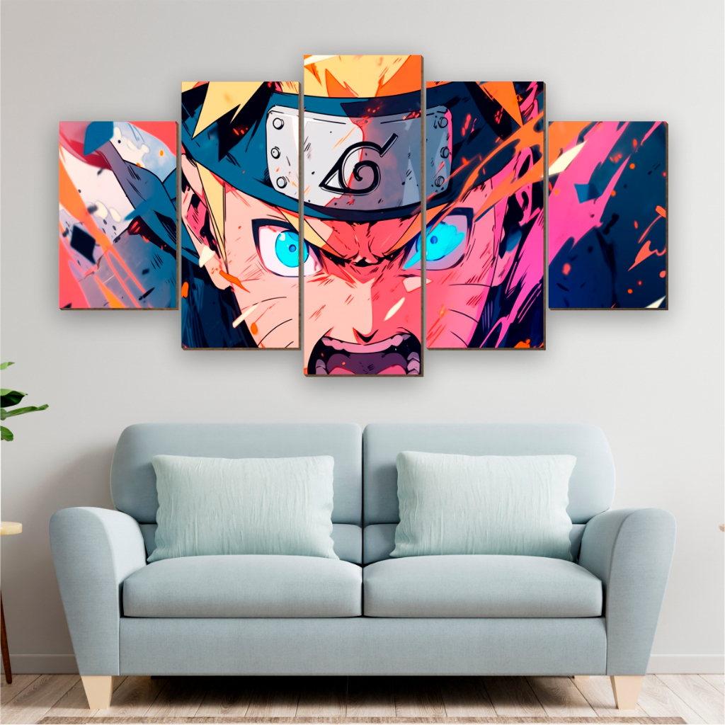 Quadro Decorativo Mosaico Naruto Anime Infantil - 5 Peças MDF 3mm e Adesivo Vinílico Fosco Premium