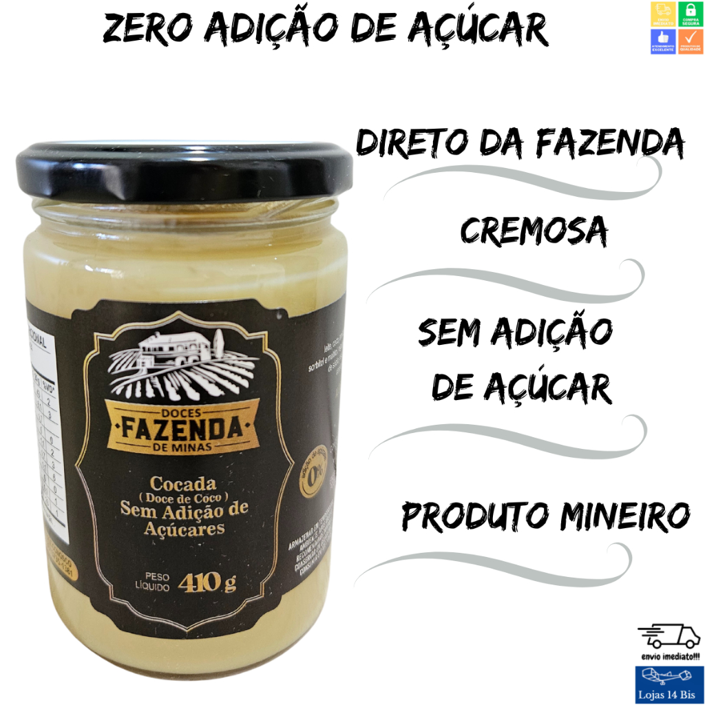 Cocada Doce de Coco Sem Adição de Açúcar 410g Sem Glúten Fazenda de Minas