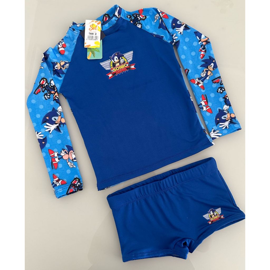 Conjunto de Proteção Solar UV50+ (Blusa + Sunga) - Menino - Frente Lisa e Estampado nas Costas