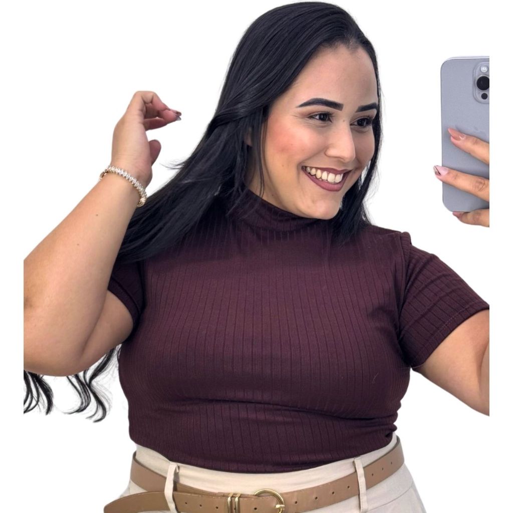 Blusa Canelada Plus Size Gola Alta De Manga Curta Tamanho Grande Meia Estacao outono inverno