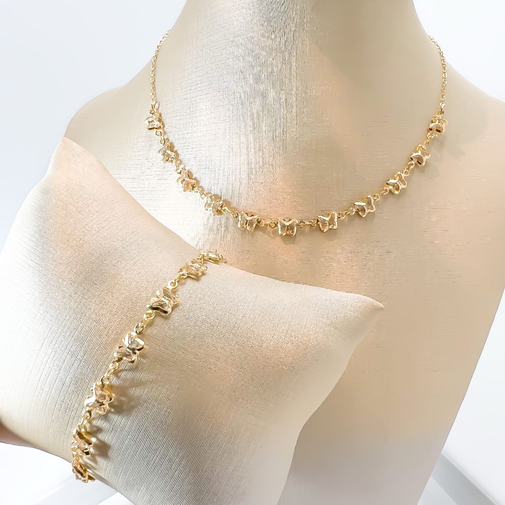 Kit colar pulseira borboleta adequado para presentes banhado a ouro 18k e prata P925