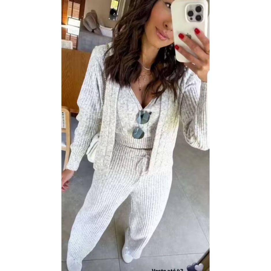 Trijunto 3 peças mousse casaquinho com regatinha calça pantalona moda outono inverno trico...