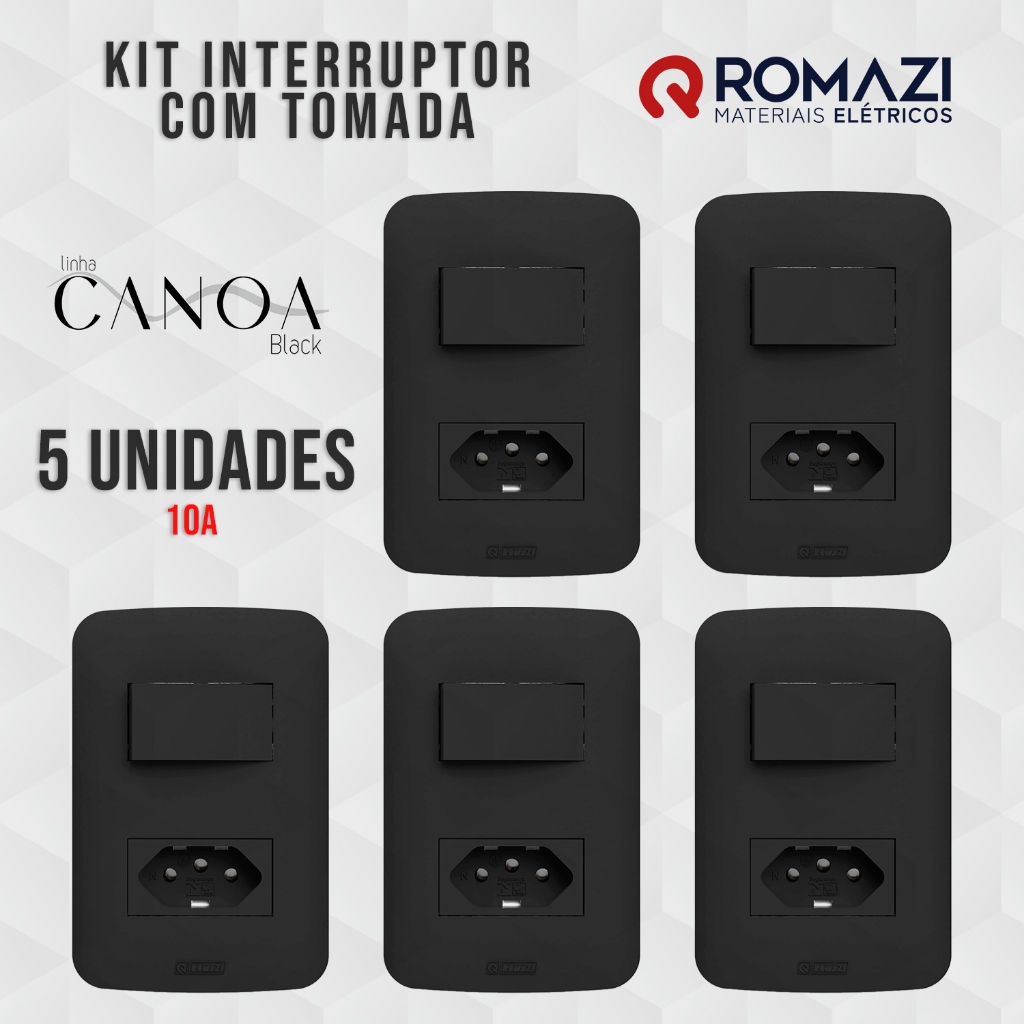 KIT 5 INTERRUPTOR + TOMADA 10A CANOA BLACK - ROMAZI em Oferta na Shopee