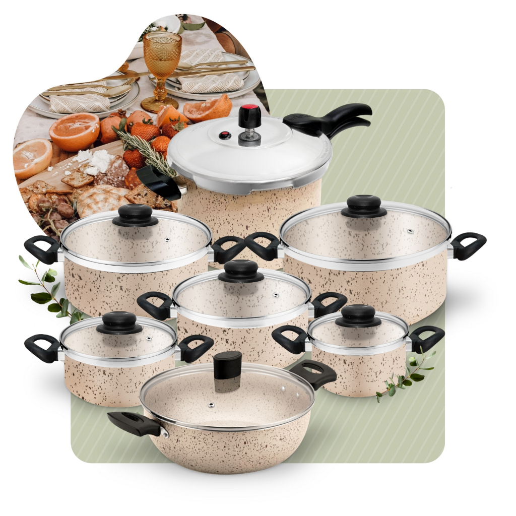 Conjunto De Panelas Antiaderente Grosso Baunilha Bege + Pressão 4,5L + Panela Wok Gourmet 7pc
