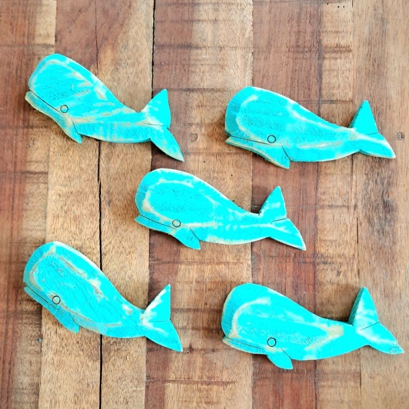 KIT 5 PEÇAS DE ANIMAIS MARINHOS ENFEITE DE PAREDE DE MADEIRA LINHA NÁUTICA