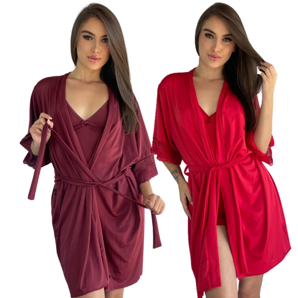 Kit 2 Robe Hoby Microfibra Renda Luxo Kimono Atacado Lingerie
