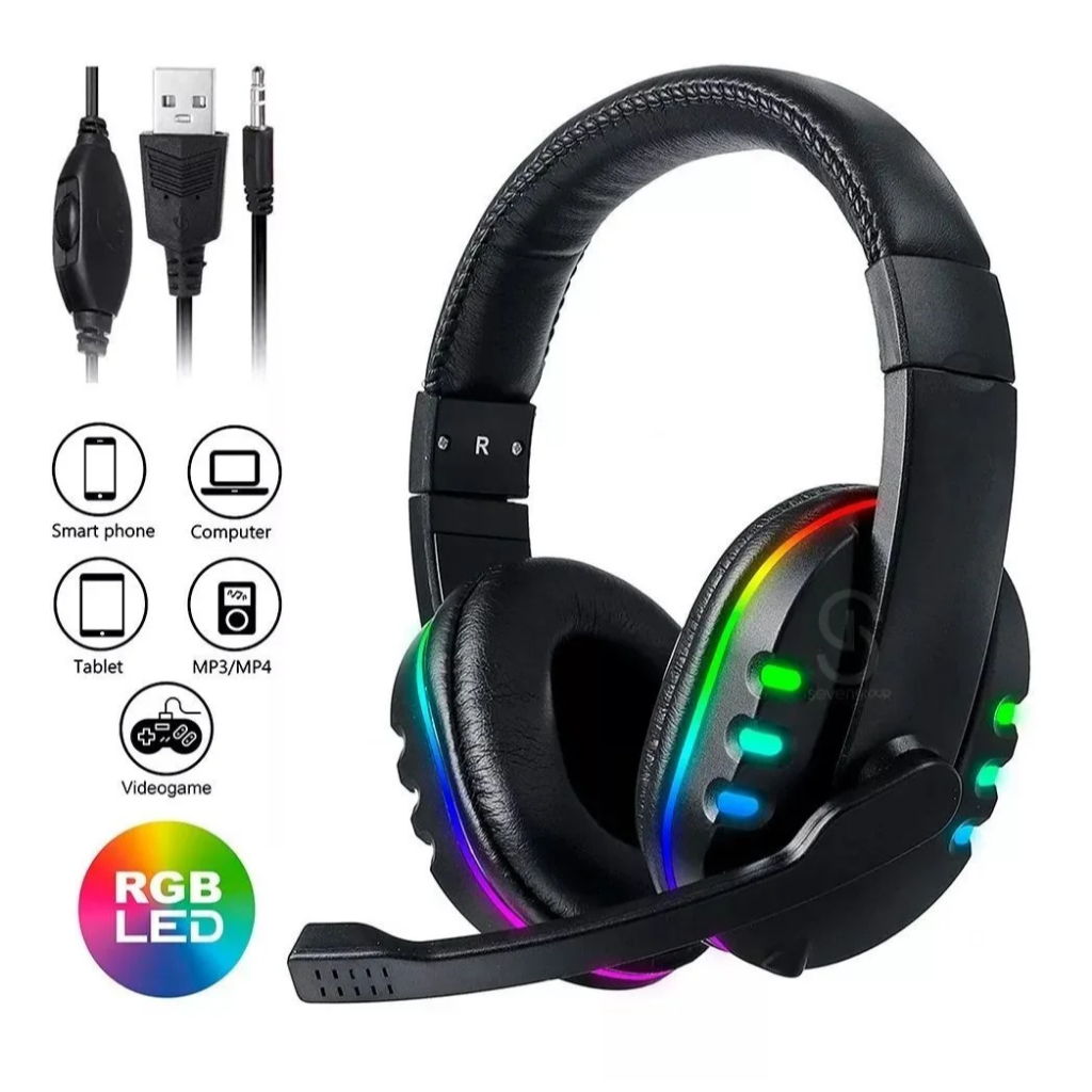 Headset Fone Gamer Led RGB com microfone USB e P2 Para PC Computador Celular Headphone Videogame