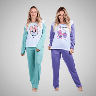 Kit 2 Pijama Longo Adulto Conjunto Dormir Feminino Frio Manga Comprida Estampa Sortida Pol...