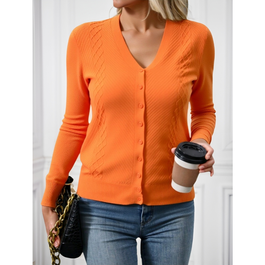 Blusinha de frio de poliamida feminina manga longa com botões frontais e malha textualizada