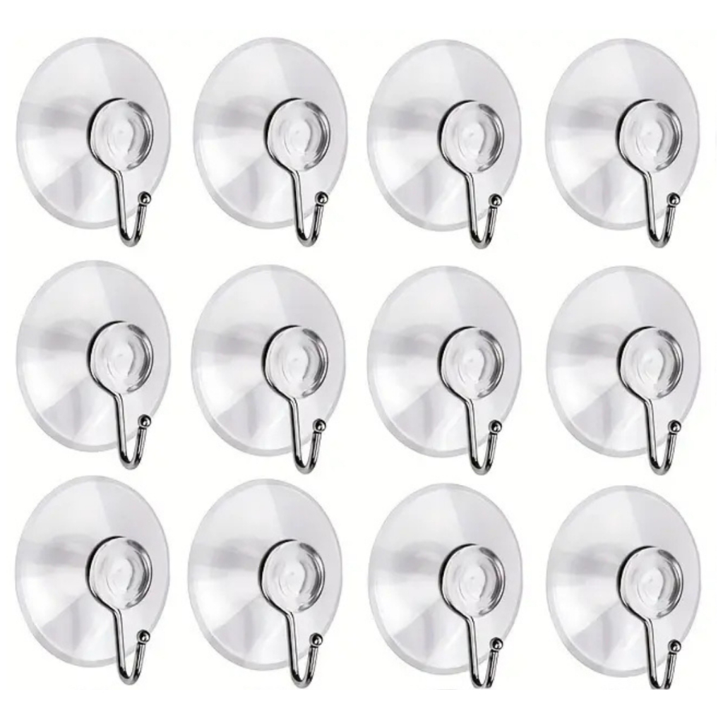 Kit 12 Ventosas Silicone C/  Gancho de Metal Vidro Resistente Transparente Utilidades