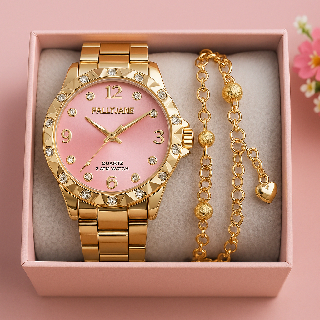 ⚡Kit Relógio Feminino Banhado + Pulseira Kit Relógio Feminino Dourado Super Lindo Promoção ⚡