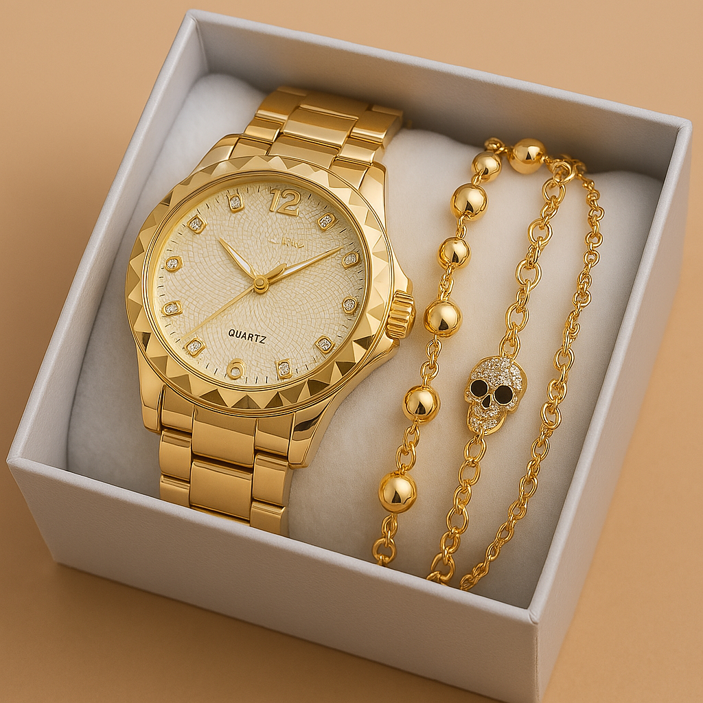 Kit de Relógio Feminino A Prova D'água metal Dourado Rose Prata com Pulseira-