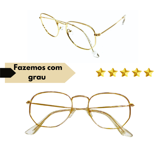 Óculos Completo Armação Metal Feminina Hexagonal Dourado Com Lentes Em Anti Reflexo Com Seu Grau