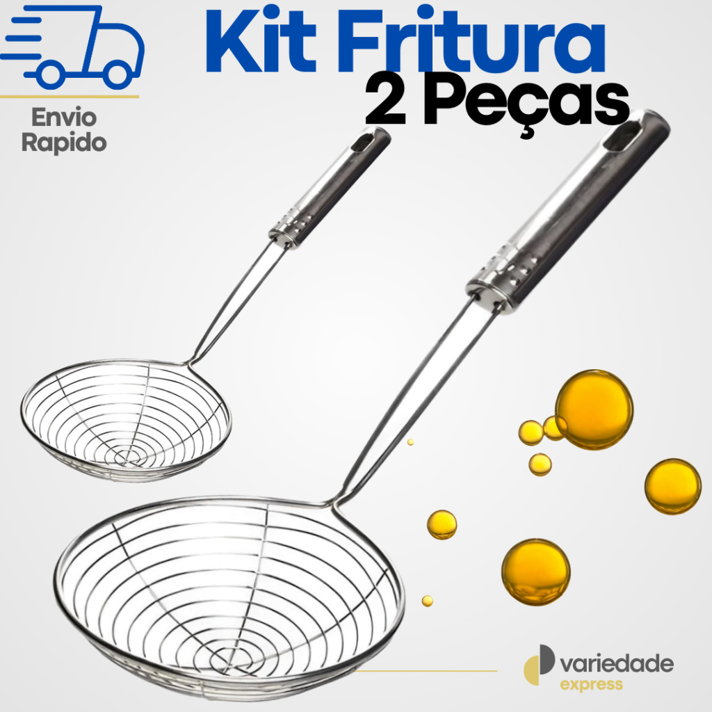 Kit 2 Unidades Escumadeira Peneira para Fritura Pastel Salgados em Aço inox Resistente Restaurante