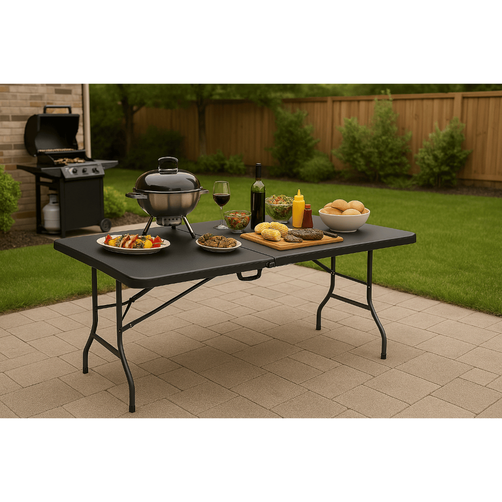 Mesa Dobrável Portátil De Plástico Que Vira Maleta Para Camping Praia Churrasco 180x74cm Preta em Oferta na Shopee