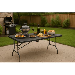 Mesa Dobrável Portátil De Plástico Que Vira Maleta Para Camping Praia Churrasco 180x74cm Preta
