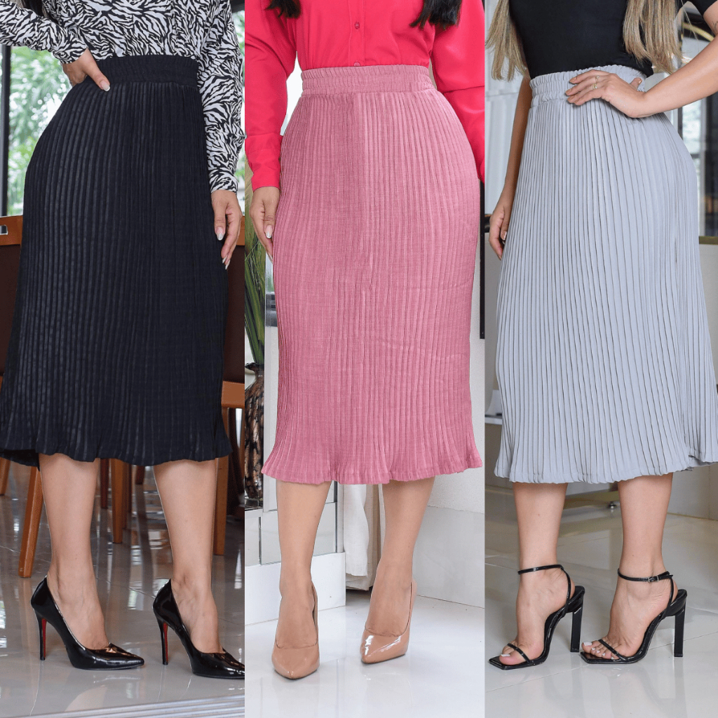 Saia Feminina Plissada Lisa Estilo Midi Cintura Alta Leve Confortável Look Chique Dia a Dia