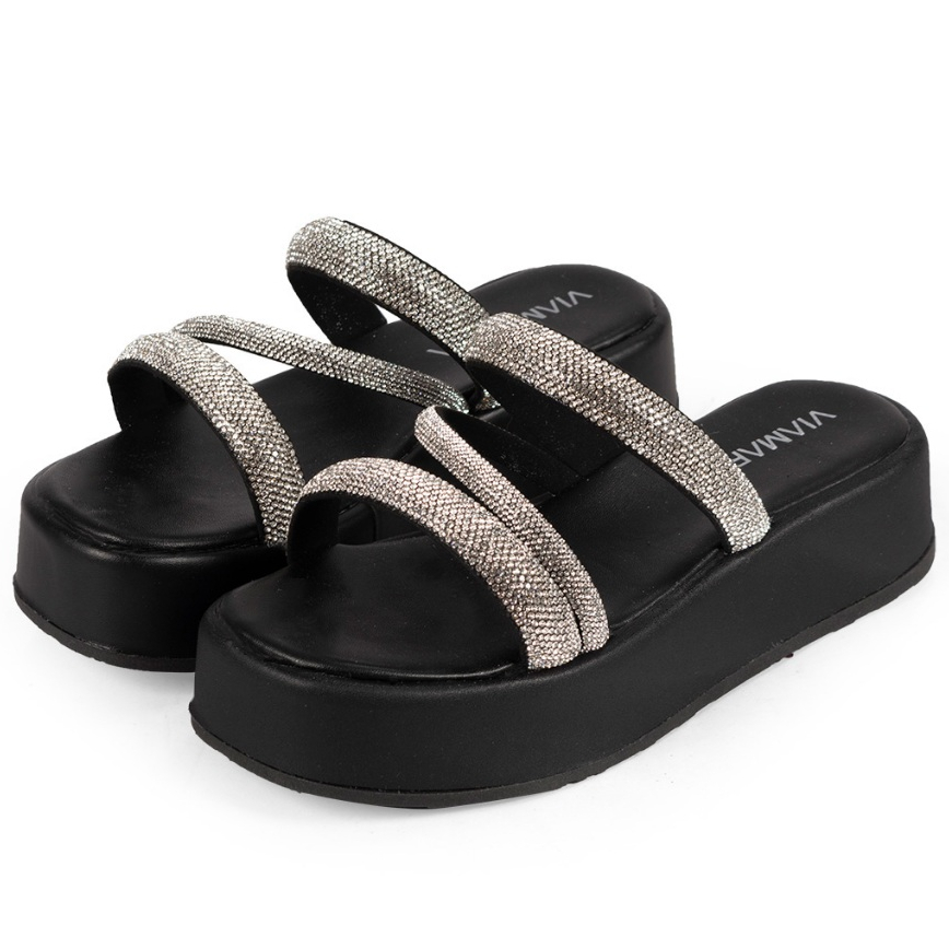 Papete Feminina 3 Tiras Z Strass Brilho Plataforma Alta Flat Confortável Luxo Birken Sandália em Oferta na Shopee