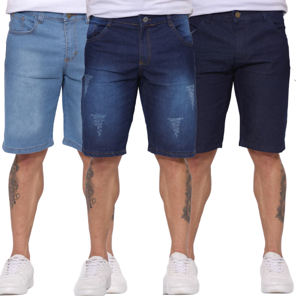 Kit 2/3 bermudas Masculina Jeans com lycra Slim  PREMIUM Juvenil e Adulto e