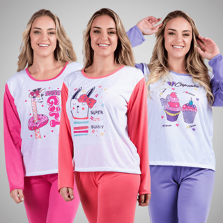 Kit 3 Pijamas Manga Comprida Estampa Sortida Conjunto Dormir Feminino Frio Linha Noite Inverno 314 em Oferta na Shopee