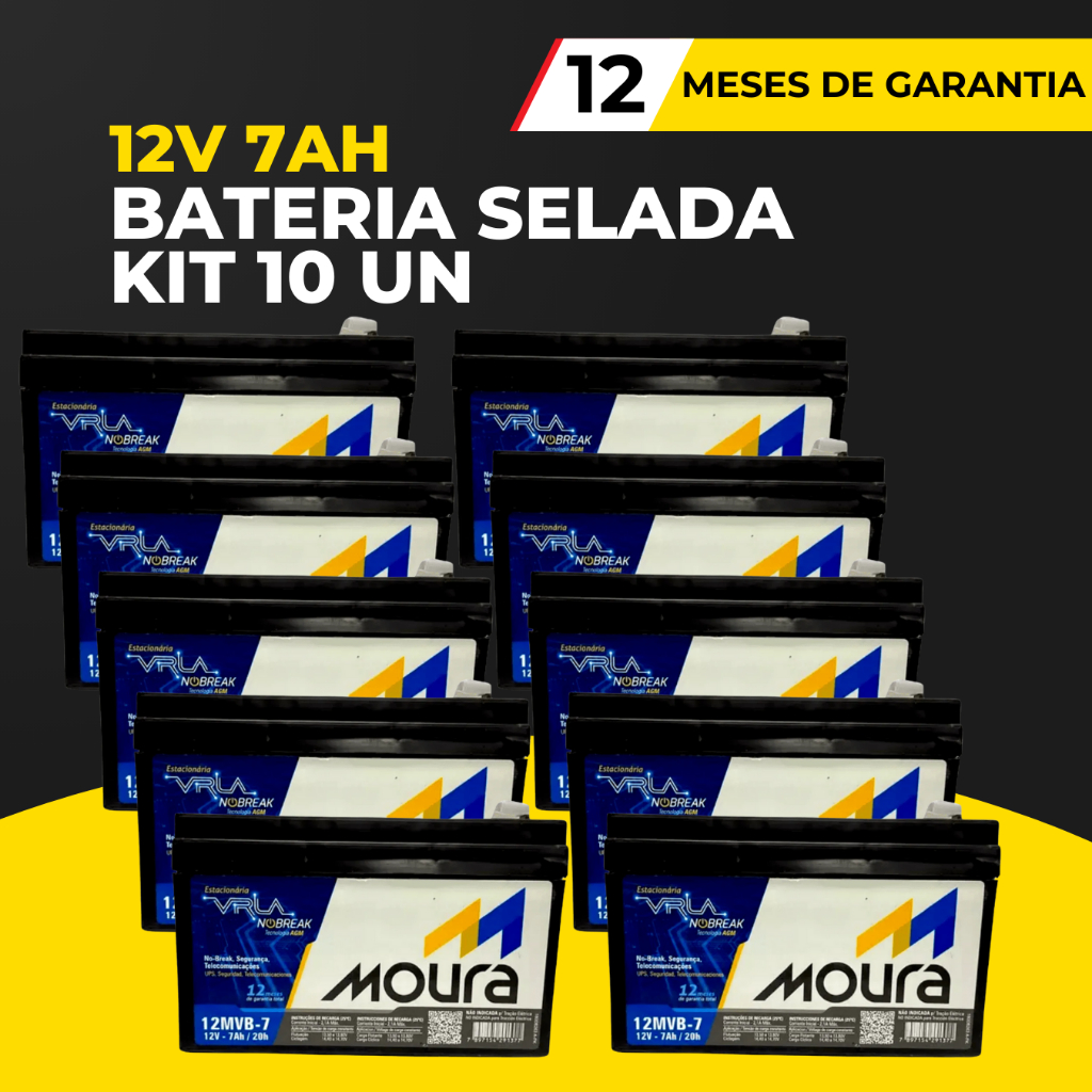 Kit 10un Bateria Moura 7Ah 12V Selada Tecnologia VRLA  Nobreak Luz de Emergência