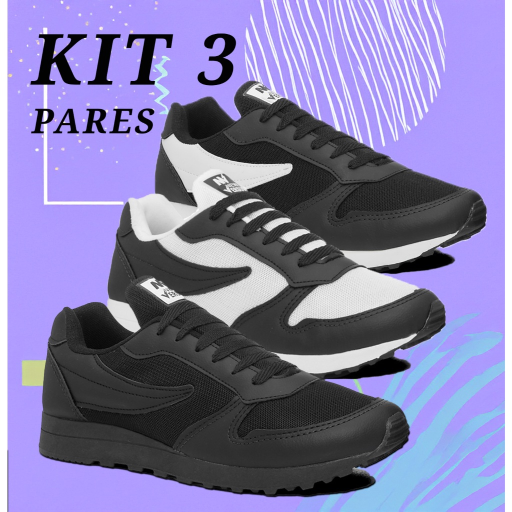 kit 3 pares Tenis Unissex Preto, Branco com Preto e Preto com Branco Casual Novidade Leve Mais Por Menos NVZ 10