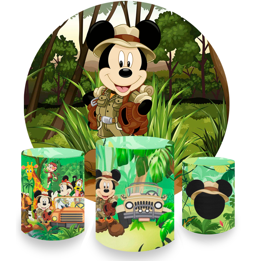 Kit Capas Painel Redondo E Capas De Cilindro Sublimados Decoração Tema Mickey Safari 02