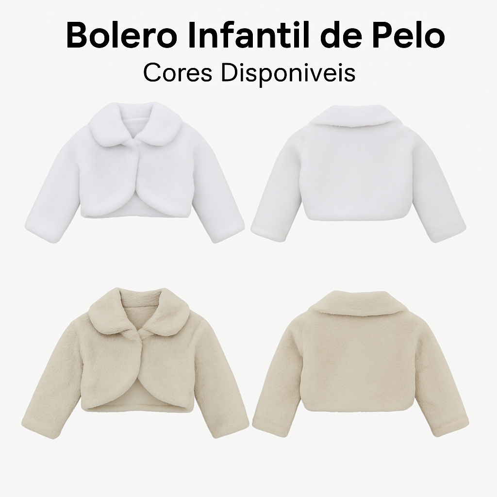 Bolero Casaquinho Com Gola Pele Tribo Para  Meninas Bebê  Infantil Juvenil Festas Batizado Branco Bege  Luxo