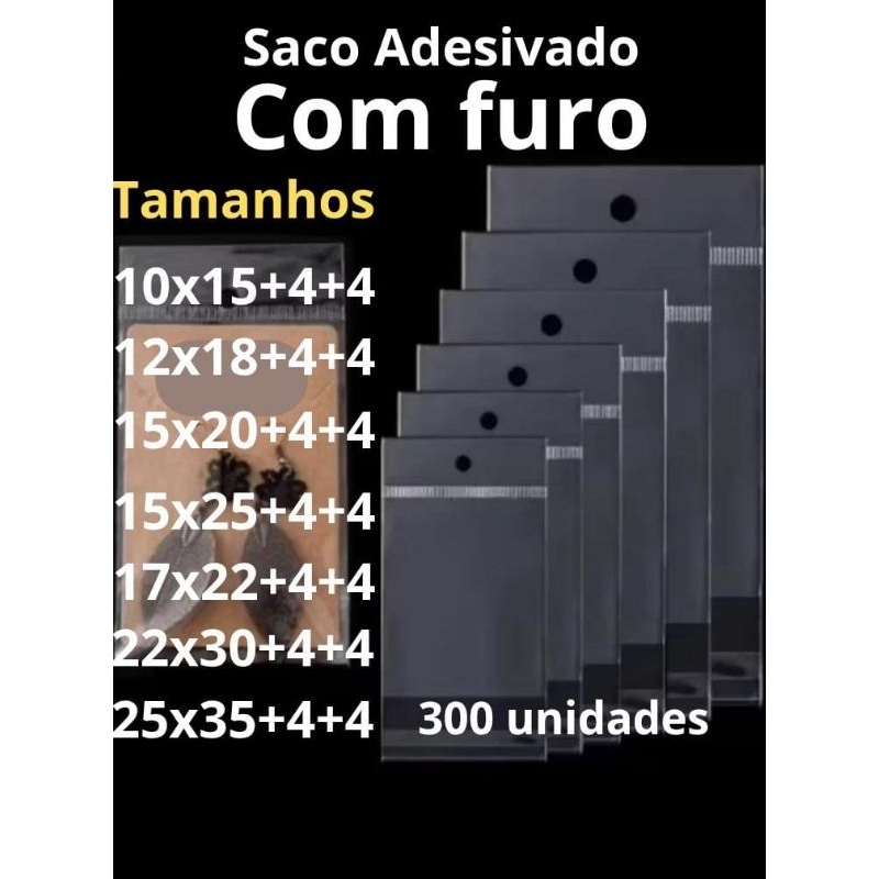 300un Saco Adesivado C/ Furo P/ Pendurar C/ Solapa Plástico Transparente em Oferta na Shopee